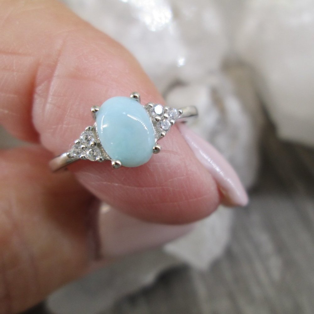 Oval Cut Natural LARIMAR 925 Sterling Ring with Simulated Diamond Accents